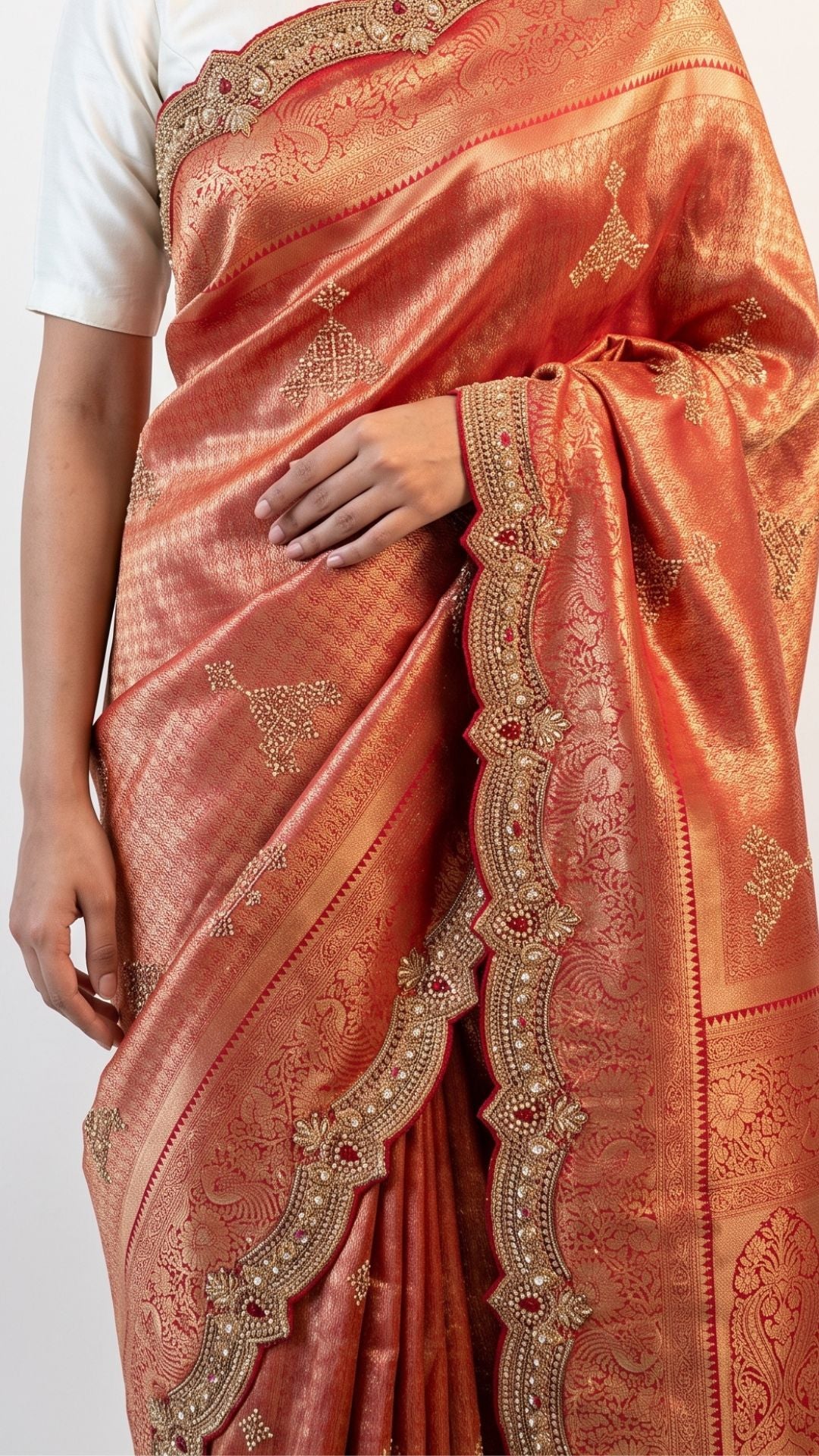 Rani Banarasi Silk Unstitched Saree with Dupatta Embellished with Thread & Stone Work